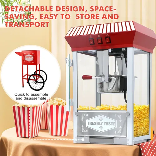 Miniatura 6 de Máquina comercial de palomitas de maíz con carrito y hervidor de 12 onzas, estilo vintage con ruedas de vidrio templado, plataforma de Rojo