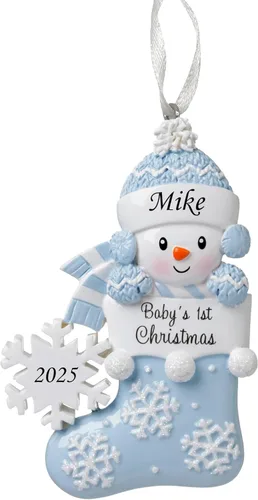 Adorno personalizado para 2020, primera Navidad del bebé, bebé de nieve con malla y copo de nieve. Adorno para árbol de Navidad, escrito a mano,
