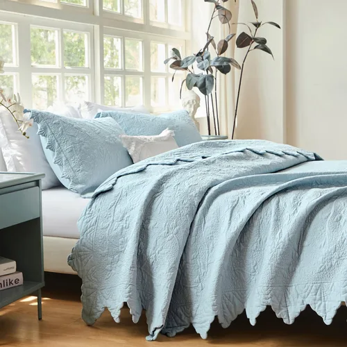 Miniatura 11 de Brandream Queen Size Quilt Set Cotton Beige Quilts Luxury Farmhouse Bedding Set Matelasse Coverlet Scalloped Quilt Set 3-Piece