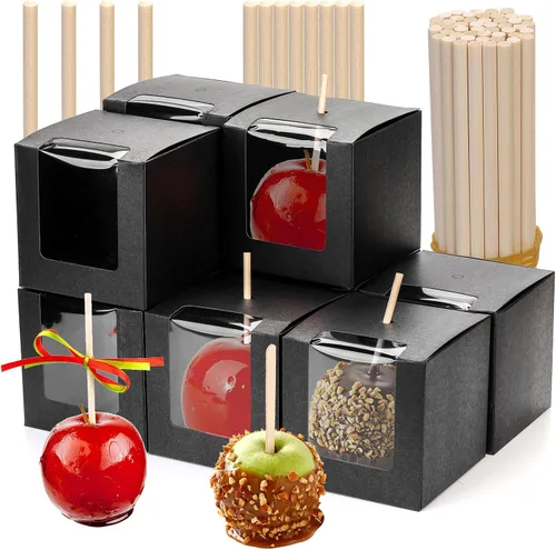 Miniatura 8 de ZEAYEA Paquete de 50 cajas de manzana de caramelo con agujero y palos, caja de regalo de manzanas de caramelo de 4 x 4 x 4 pulgadas con ventana