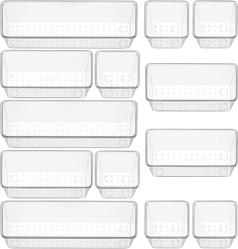 Juego de organizador de cajones transparentes de 12 piezas, 3 tamaños, bandejas organizadoras de tocador de baño y contenedores de almacenamiento