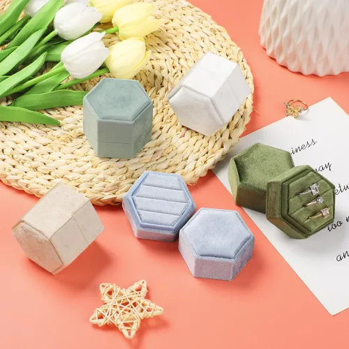 Miniatura 46 de WantGor Caja de joyería de terciopelo para anillos, caja de regalo con 3 ranuras, caja de regalo para anillos hexagonales vintage, para ceremonia