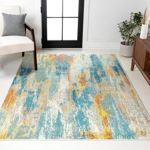JONATHAN Y Alfombra abstracta moderna de estilo vintage para interiores, color azul cascada/crema/amarillo, 8 x 10 pulgadas, pop contemporáneo,