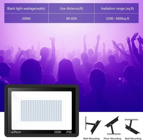 Miniatura 7 de XYCN Paquete de 4 luces LED de inundación negras de 200 W, luz negra UV de 395 nm a 405 nm al aire libre de alta potencia con enchufe, luz negra