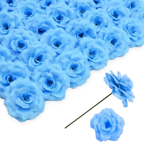 Miniatura 16 de Flores artificiales de rosas, 50 unidades de rosas plateadas a granel con tallo, cabeza de flor falsa de rosa de seda de 3 pulgadas para bodas, Plata