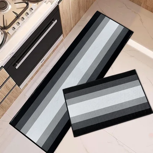 Modern Geometric Black Kitchen Rugs and Mats Non Skid Washable Set of 2, Grey Farmhouse Mats for Floor, Farmhouse Runner Rug, Romantic Kitchen Decor