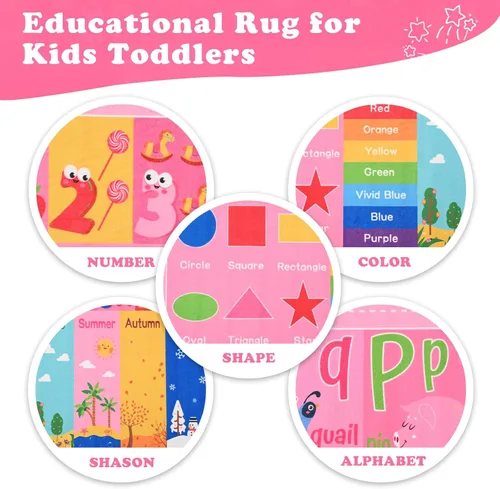 Miniatura 6 de Alfombra Rosa para Niños para Sala de Juegos y Aula, Alfombras de Juego con Alfabeto ABC y Números para Niños Pequeños, Tapete Educativo