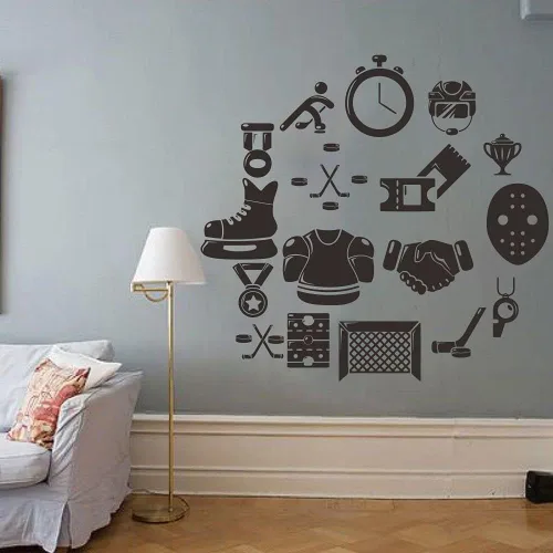 Miniatura 6 de Calcomanía de pared de hockey sobre hielo, adhesivo de PVC extraíble con jugador de hockey y cronómetro, arte de pared de vinilo para amantes