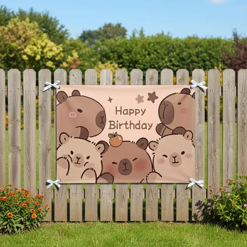 Miniatura 6 de Capybara - Telón de fondo de cumpleaños de 6 x 3.6 pies – Cartel grande de poliéster divertido para decoración de fiesta con ojales de metal y cinta