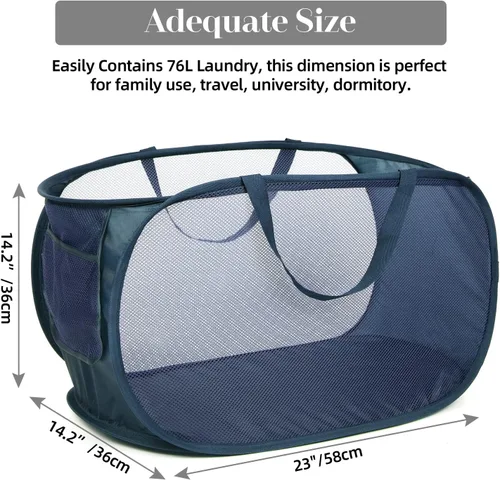 Miniatura 3 de Cestas de lavandería plegables duraderas, cesta de lavandería desplegable de malla con bolsillo lateral, cesta de ropa plegable con asas de 2 x azul