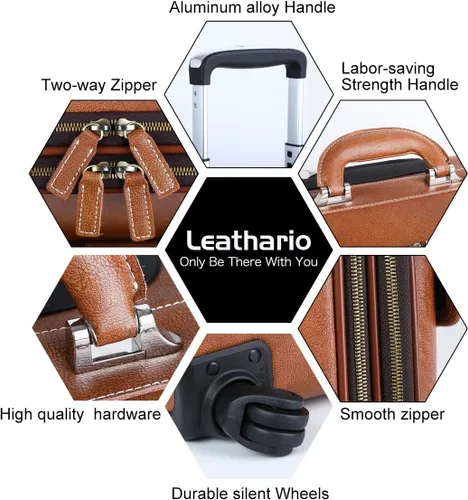 Miniatura 6 de Leathario Maleta con ruedas de cuero para laptop, maletín con ruedas, Marrón, XL