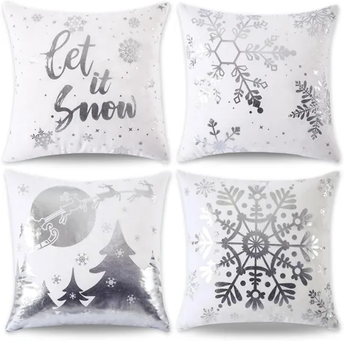 JOJOGOGO Juego de 4 fundas de almohada navideñas plateadas y blancas de 18 x 18 pulgadas, juego de 4 almohadas decorativas de copo de nieve Let It