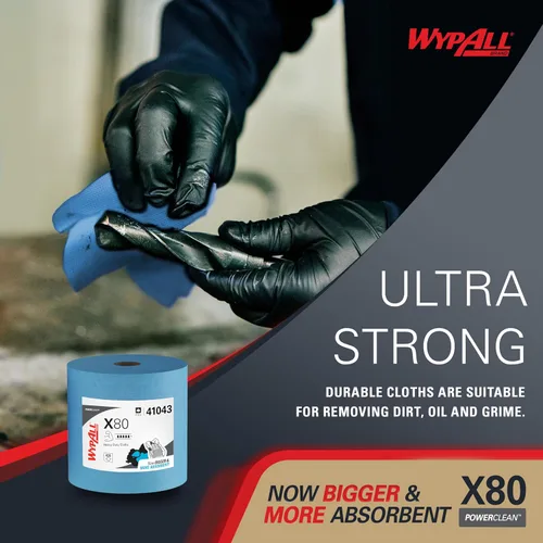 Miniatura 6 de WypAll PowerClean X80 Paños de Limpieza de Uso Pesado (41043), Jumbo, Toallas de Uso Extendido, Azul (1 Rollo de 455 Hojas, Total de 455 Hojas)