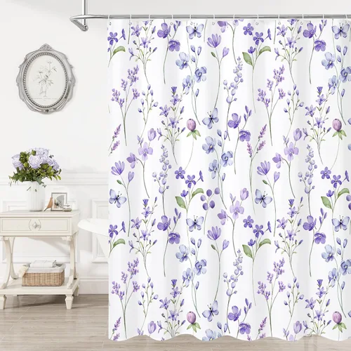 Miniatura 7 de Litabel Cortina de ducha con diseño floral de acuarela, cortina de ducha de flores de mariposa azul para baño, juego de cortina de ducha moderna