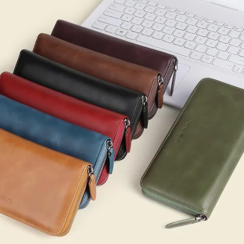 Miniatura 7 de VISOUL Cartera larga de cuero con cremallera para hombres y mujeres con bloqueo RFID, cartera larga de embrague grande con cremallera, Negro