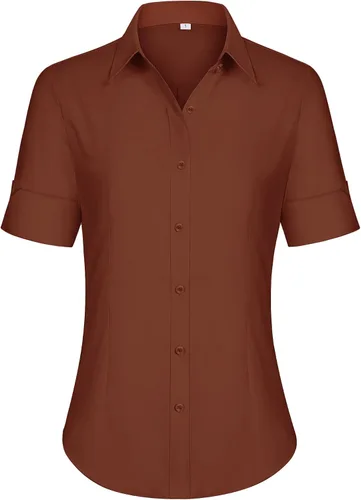 Miniatura 29 de siliteelon Camisas de vestir de manga corta con botones para mujer, camisas de algodón con botones para mujer, blusa ajustada de manga 3/4
