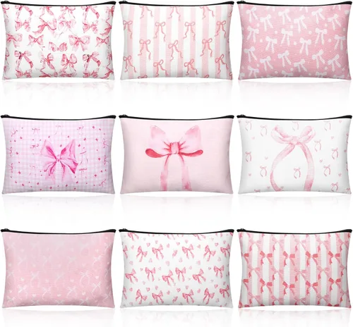 Kacctyen 9 bolsas de maquillaje con lazo rosa para mujer, bolsa de cosméticos de coqueta a granel, bolsa de coqueta de regalo con cremallera para