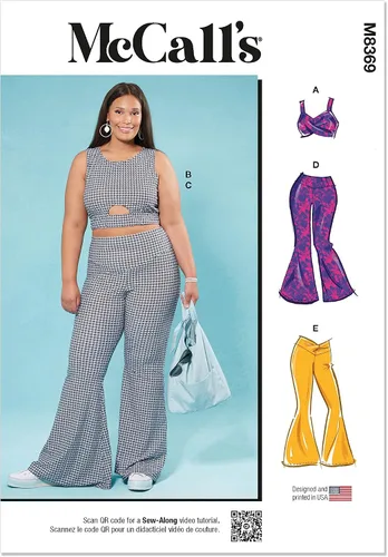 McCall's M8369A - Kit de patrón de costura para mujer con camiseta corta y pantalones acampanados, código M8369, tallas 1X-5X