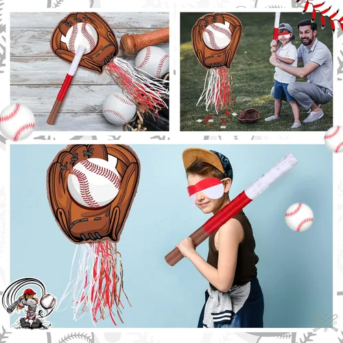Miniatura 6 de Piñata de béisbol con bate con los ojos vendados para fiesta de cumpleaños, softbol, papel, piñata, pelotas deportivas, suministros de confeti