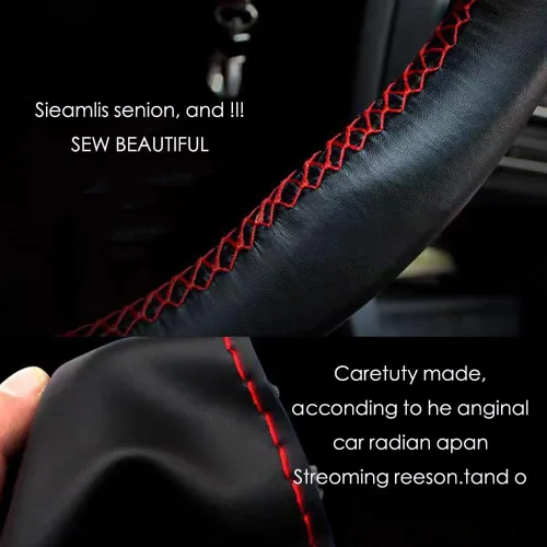 Miniatura 3 de Funda para volante de automóvil, ajuste universal, punto redondo, funda fina de piel sintética cosida en volante de automóvil de 15 pulgadas (negro)