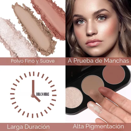 Miniatura 3 de FOCALLURE Paleta de rubor y resaltador, paleta de contorno 3 en 1, polvo bronceador mate libre de crueldad, iluminadores brillantes para un aspecto