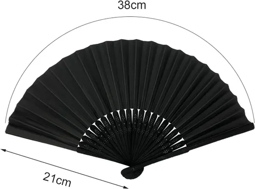 Miniatura 2 de Abanicos plegables de bambú blanco con tela de seda, perfectos para decoración de bricolaje, bodas, fiestas y bailes de verano (negro)