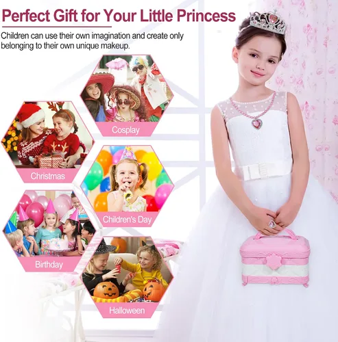 Miniatura 10 de Kit de maquillaje 60 en 1 para niños, con espejo de maquillaje LED de 3 colores real lavable, juegos de maquillaje para niñas de 5 a 8 años, regalo