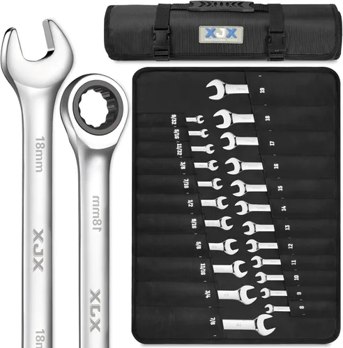 XJX Juego de llaves de trinquete combinadas de 24 piezas | SAE y métricas | 12 puntos | 1/4” a 7/8” y 8-19mm | Acero CR-V | Juego de llaves de