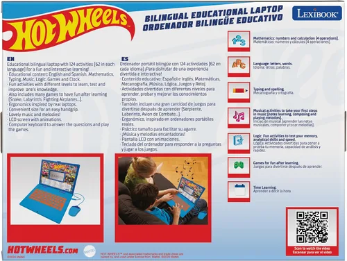 Miniatura 9 de Lexibook Hot Wheels, portátil educativo y bilingüe en inglés/español, juguete para niños con 124 actividades para aprender, jugar juegos y música