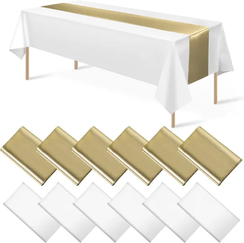 Miniatura 14 de Juego de 12 manteles de satén de 12 x 108 pulgadas y manteles de plástico de 54 x 108 pulgadas, manteles rectangulares desechables en negro y azul