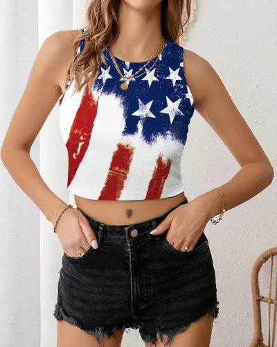 Miniatura 3 de Camiseta corta con bandera estadounidense para mujer, patriótica de Estados Unidos, para el 4 de julio, sexy, expuesta, suave, para verano, sin