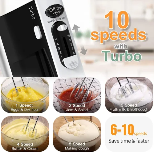 Miniatura 3 de Mezclador de mano eléctrico de 600 W, 10 velocidades, potente con mezclador de mano Turbo para hornear torta cocina mezclador con batidores, batir