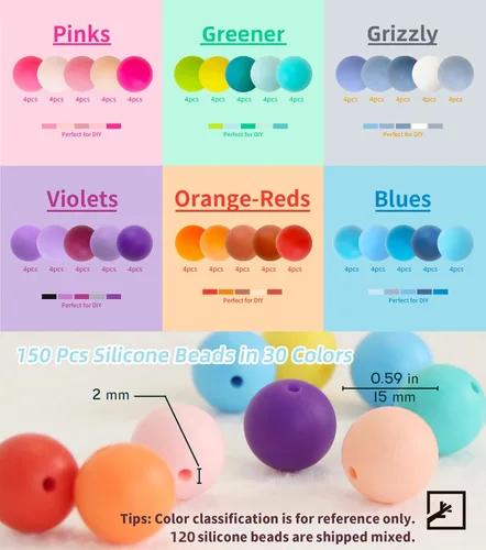 Miniatura 2 de ZIFTY 150 cuentas de silicona para hacer llaveros de 0.59 pulgadas, 30 colores, cuentas focales de silicona redondas sueltas para bolígrafos, collar