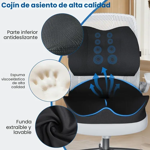 Miniatura 6 de Cojín de Asiento con Almohada de Soporte Lumbar para Silla de Oficina, Cojines de Espuma Viscoelástica Tamaño Extra Grande para Alivio del Dolor