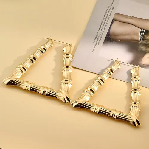 Miniatura 6 de Aretes de aro de bambú dorados Aros de bambú grandes y gruesos para mujer Joyería de hip-hop de los años 90