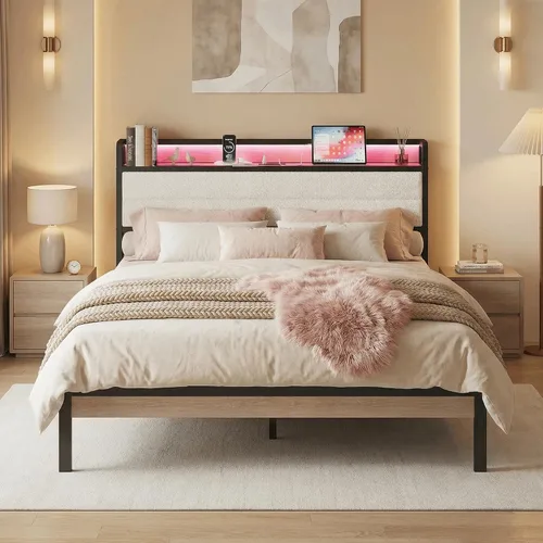 Miniatura 15 de LIKIMIO Base de cama individual con cabecera de almacenamiento y luces LED, plataforma de metal con estación de carga, sin ruido, no necesita