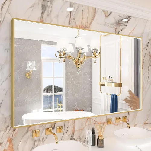 Miniatura 48 de Espejo de baño LED de 24x32 pulgadas con luces, espejo LED con marco de metal negro para baño, 3 colores y luz regulable sin escalones montada