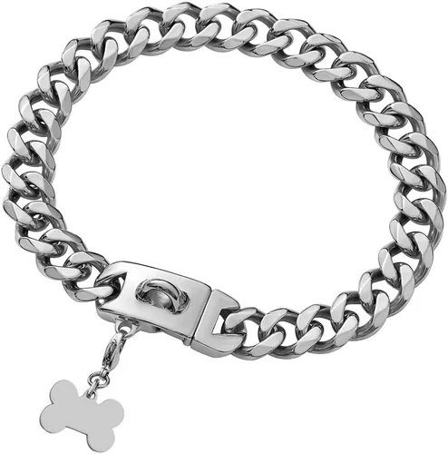 Collar de cadena de plata para perros con diseño de hebilla de seguridad y etiqueta de identificación, collar para mascotas, fuerte cadena de