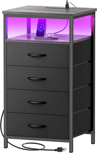 Miniatura 10 de Huuger - Mesita de noche con estación de carga y luces LED, mesita de noche con 2 cajones, mesa auxiliar de cama con estante abierto, mesa auxiliar