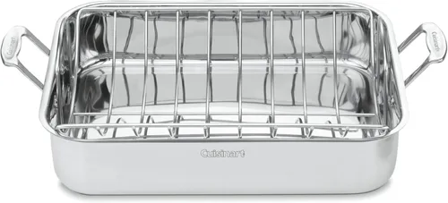 Fuente rectangular para horno Cuisinart 7117-16UR, clásico de chef, de acero inoxidable, de 16 pulgadas, con bandeja, Rejilla para asador, 16