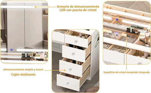 Miniatura 7 de JassmiPkwy Escritorio de maquillaje de 46 pulgadas con espejo, mesa de tocador de cristal con luces, cajones, toma de corriente, escritorio