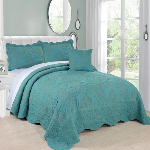 Miniatura 15 de Home Soft Things Juego de colcha de damasco de 4 piezas, edredón reversible con borde festoneado, juego de ropa de cama prelavado, patrón floral