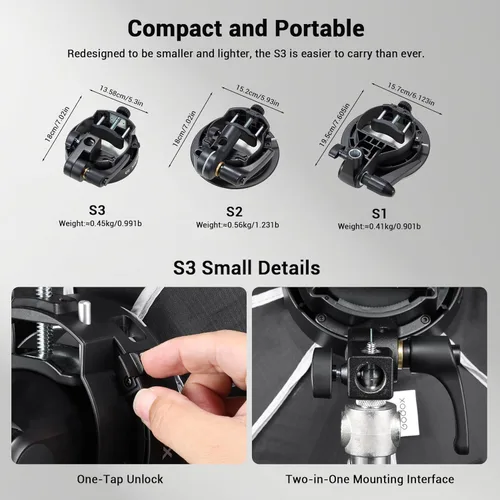 Miniatura 6 de Godox Soporte Speedlite S3, soporte compacto y ligero Bowens para Godox V1/V1Pro, AD200/AD300, V860II/III, 20% más pequeño que S2, ajuste de ángulo