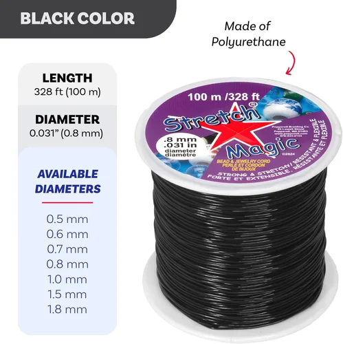 Miniatura 3 de Cordón elástico para cuentas Stretch Magic – Color negro, 0.8 mm de diámetro, 100 metros (328 pies) – Cuerda fácil de anudar, fuerte y elástica