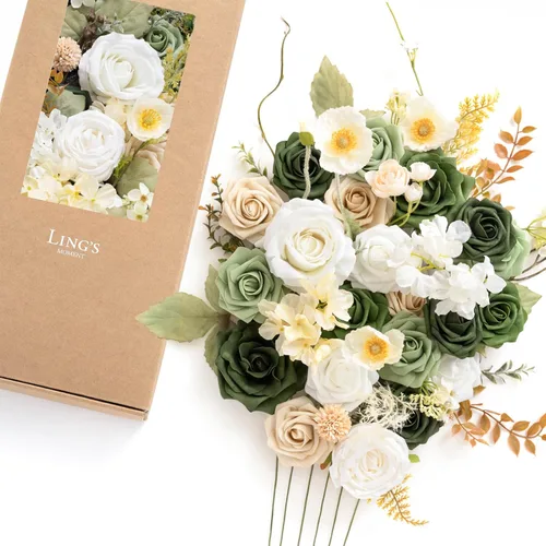 Miniatura 25 de Ling's moment Caja de Flores Falsas, Tallos de Vegetación Artificial Falsa Rosas de Espuma Dalias de Seda Hojas de Rosa Flor de Tela para Centros
