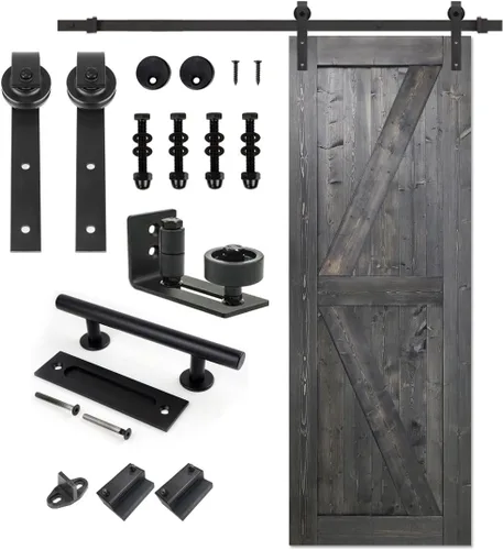 Miniatura 27 de S&Z TOPHAND 20 pulgadas x 84 pulgadas. Puerta de granero anudada británica sin terminar con kit de herrajes deslizantes de 4 pies/madera