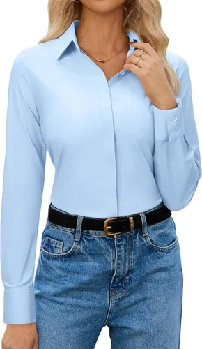 Miniatura 12 de siliteelon Womens Button Down Shirt Stretch Dress Shirt Collared Long Sleeve Hidden-Button Work Shirt Wrinkle-Free Blouse