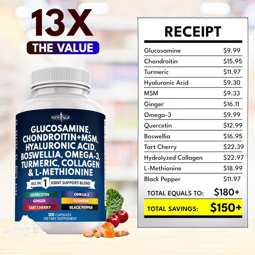 Miniatura 5 de Condroitina de glucosamina, MSM, curcumina de cúrcuma, colágeno, ácido hialurónico, Omega 3 – Suplemento de salud articular para hombres y mujeres