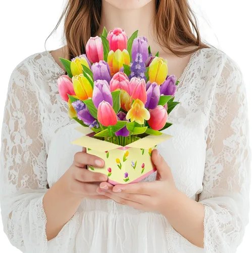 Tarjeta de felicitación de primavera 3D con diseño de tulipanes coloridos para el día de la madre, cumpleaños, Pascua, aniversario, agradecimiento,