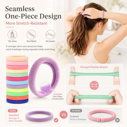 Miniatura 2 de Paquete de 100 ligas para el cabello, 12 colores, diseño sin costuras, fuerte elasticidad, no se cae, se desliza suavemente sin enredos